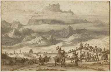 Noahs Arche auf dem Berg Ararat, ein Kamelzug vor der Stadt Jerewan im Vordergrund, ca. 1690